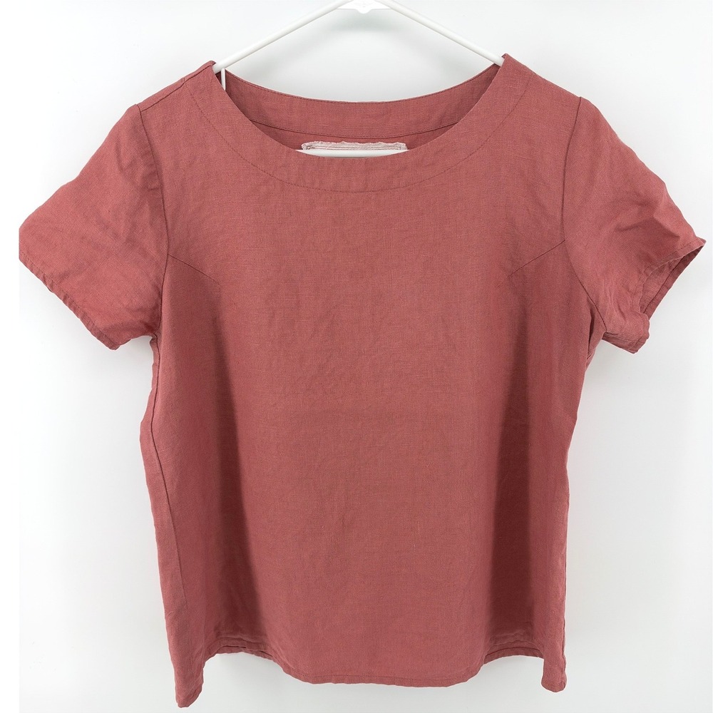 Not Perfect Linen Boxy Short Sleeve Top Women M/L Rose Pink 100% Linen Boat Neck